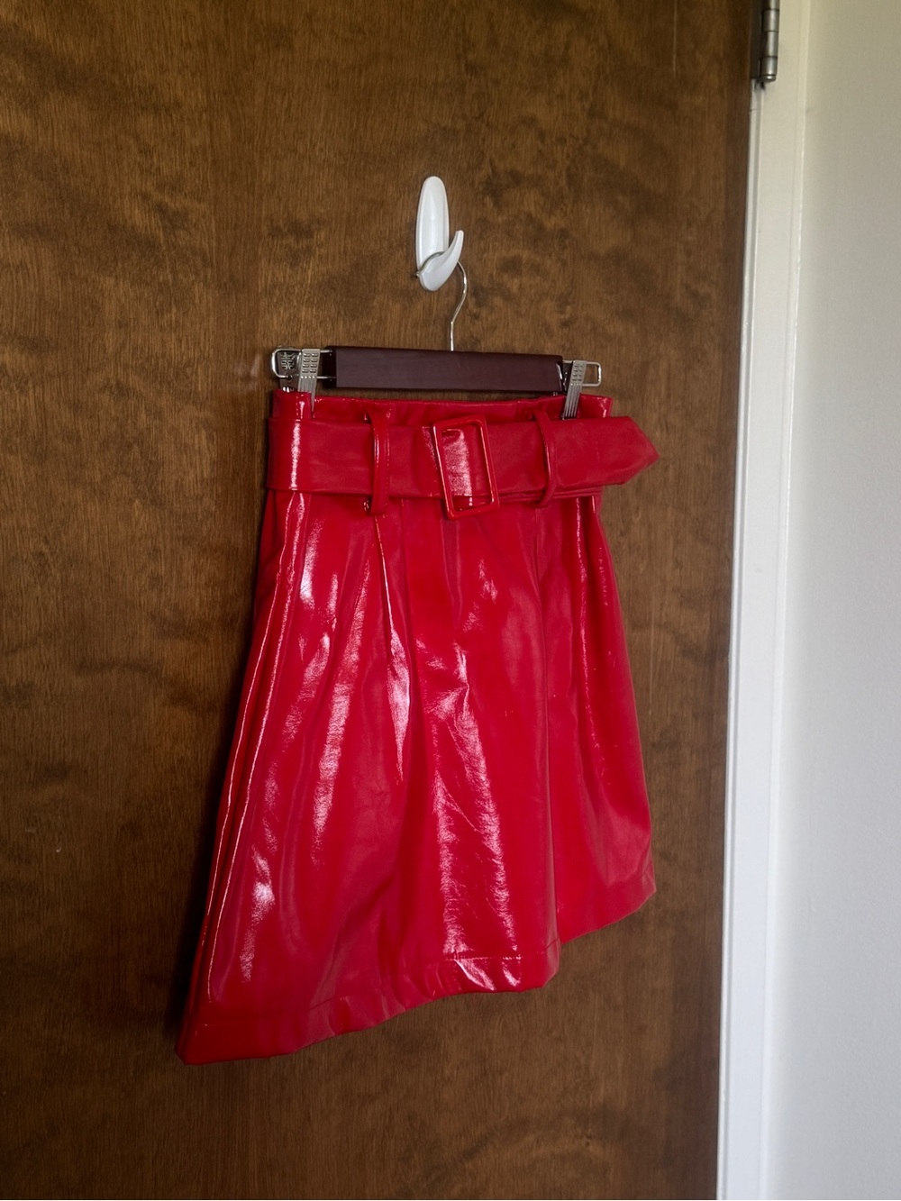 Boohoo Shiny Red Faux Leather Belted Skirt Size 4